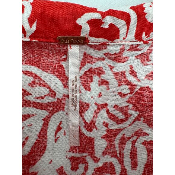 Free People Linen Red Floral Dress Size 6 Button Front Cottagecore Prairie Cute - Picture 8 of 11